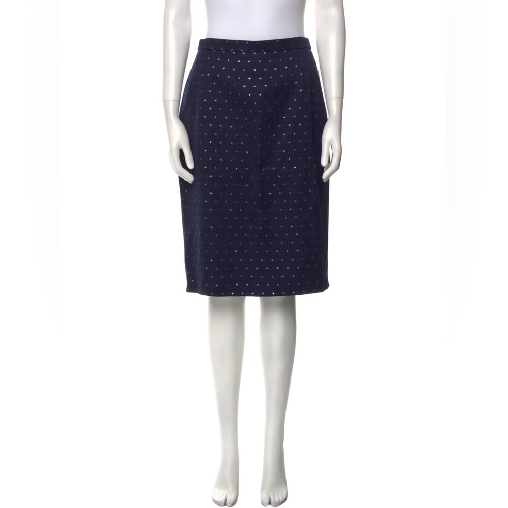 Escada Margaret’s Ley Vintage Wool Silver metallic Star Print Skirt Navy Blue 36